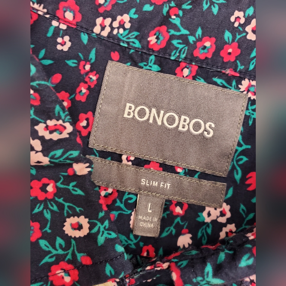 Bonobos Men's Slim Fit Floral Short Sleeve Button-Up Shirt Black Green Pink Sz L - Picture 3 of 7